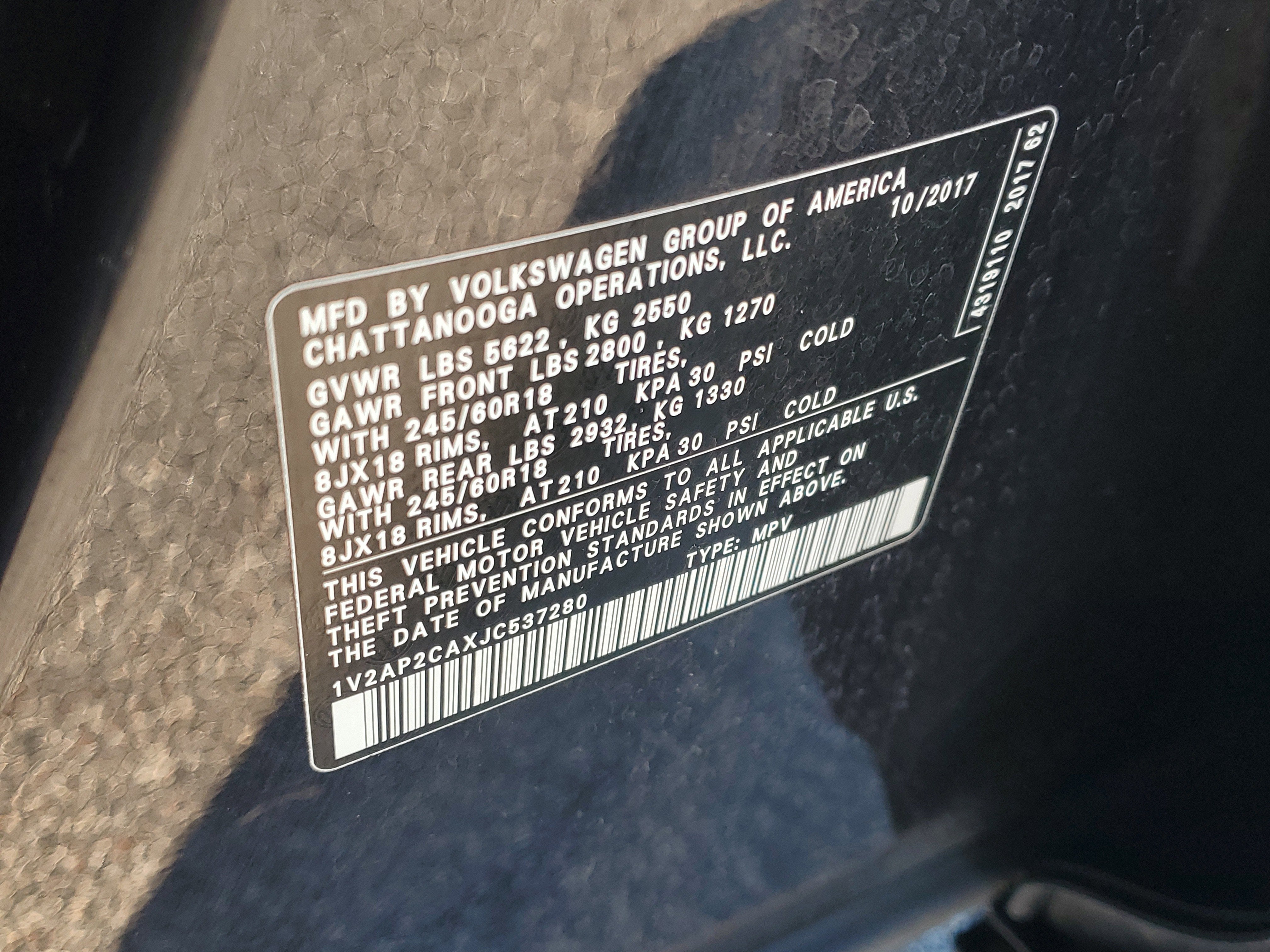 2018 Volkswagen Atlas 2.0T S