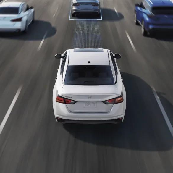 2027 Nissan Altima on freeway surrounded by cars with schematic drawings of ProPILOT Assist capabilities at Reed Nissan Orlando in Orlando FL