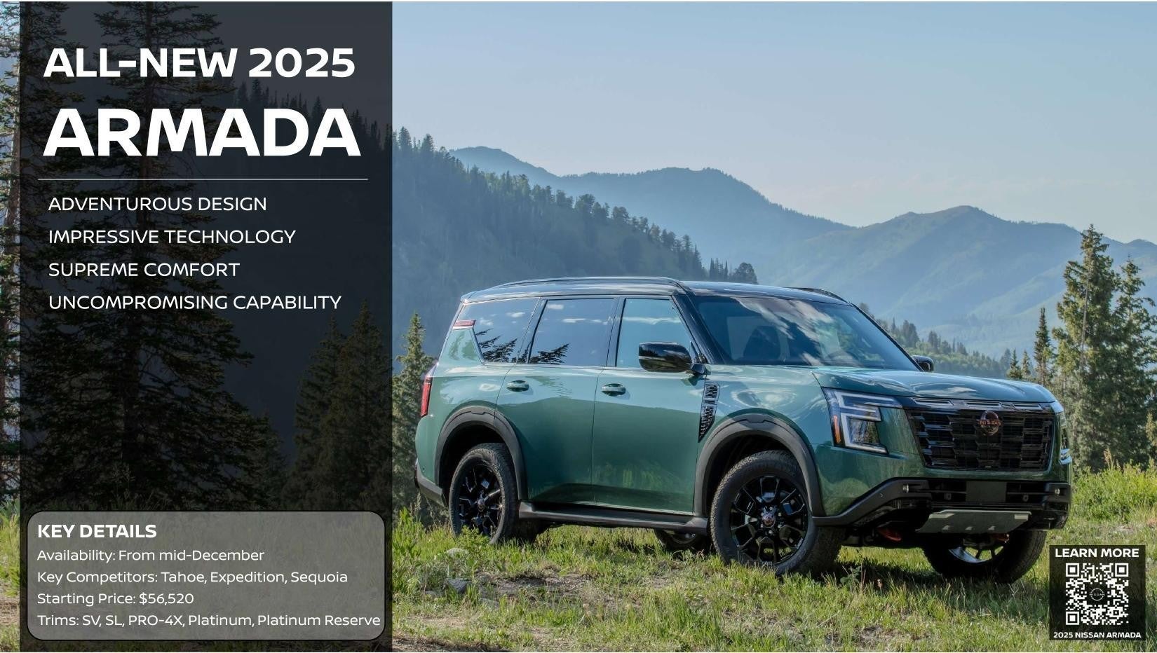 Green 2025 Nissan Armada SUV parked in a scenic mountain landscape with trim and pricing details.