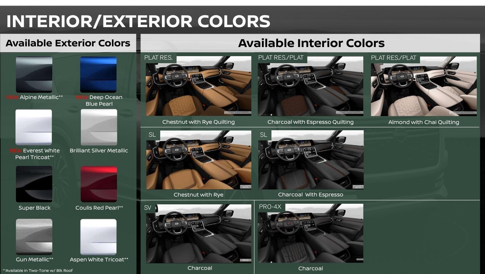 A chart showing vehicle exterior colors and matching interior color options.